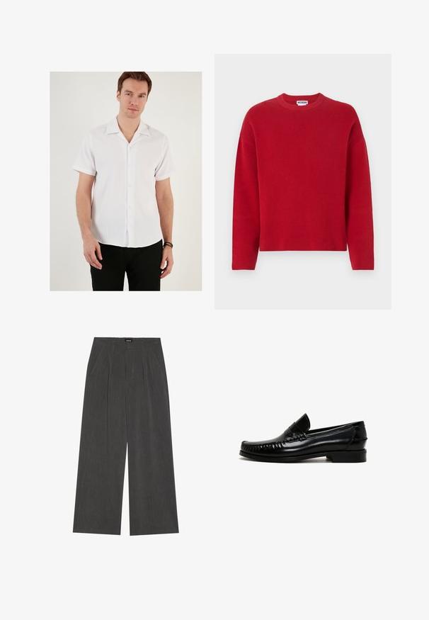 Maglione rosso a maglia con scollo tondo e spalle scese. Presenta una finitura texturizzata e una vestibilità ampia. Nessun motivo o accenti visibili.; Camicia bianca a maniche corte con una texture a coste, colletto a punta e chiusura con bottoni. Abbinata a pantaloni neri, che evidenziano un design casual.; Pantaloni a gamba larga in tessuto grigio scuro, con fronte plissettato, due tasche laterali e vita piatta. Texture liscia e design sartoriale.; Mocassini in pelle nera con punta arrotondata, dettagli cuciti lungo i bordi e tacco basso a blocco. Texture liscia e design minimalista.