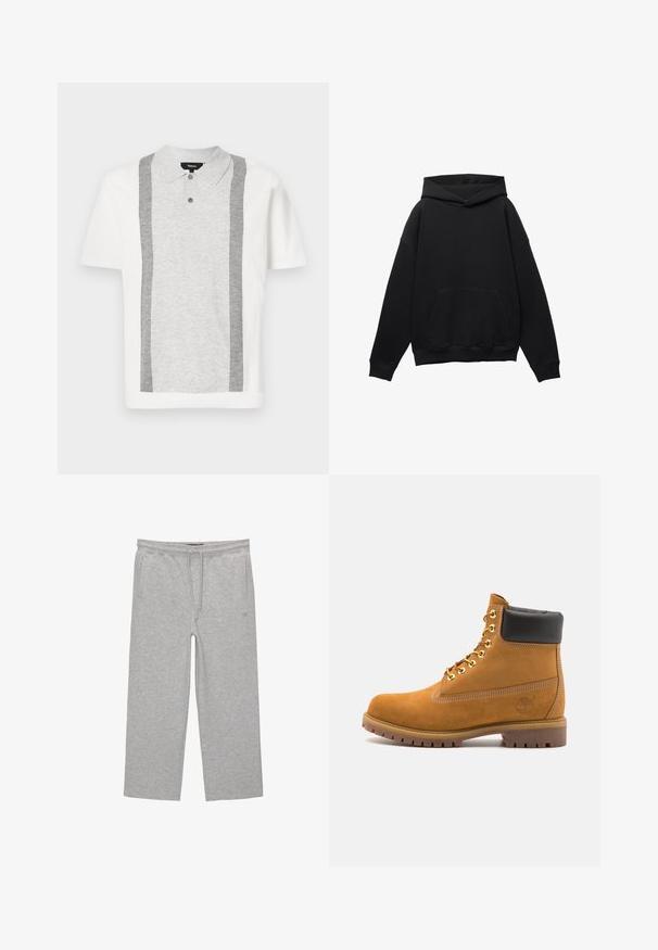 Zwarte hoodie gemaakt van zacht materiaal met een voorkant zak, oversized silhouet, en een capuchon met trekkoord. Voorzien van ribgebreide manchetten en zoom.; Theory INTARSIA - Poloshirt - white; Grijze katoenen loungebroeken met een elastische tailleband, trekkoord en twee zijzakken; rechte pijpen, zachte textuur, zonder patronen.; Tan suède enkelboot met zwart gevoerd kraagje, gouden metalen oogjes, witte stikdetails en een robuuste rubberen zool met uitgesproken profiel.