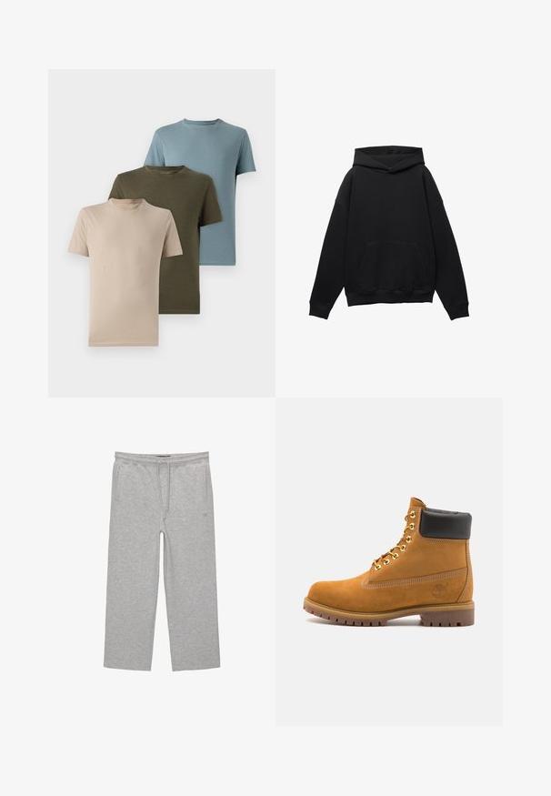 Černá mikina s kapucí vyrobená z měkkého materiálu, s přední kapsou, oversized silueta a stahovací kapucí. Má ribbované manžety a lem.; Tři trička s krátkým rukávem v béžové, olivově zelené a světle modré barvě, vyrobená z měkké tkaniny s kulatým výstřihem a jednoduchým designem.; Šedé bavlněné tepláky s elastickým pasem, šňůrkou na stažení a dvěma bočními kapsami; rovný střih, měkký povrch, bez vzoru.; Hnědé semišové kotníkové boty s černým polstrovaným límcem, zlatými kovovými očky, bílým prošíváním a odolnou gumovou podrážkou s výraznými drážkami.