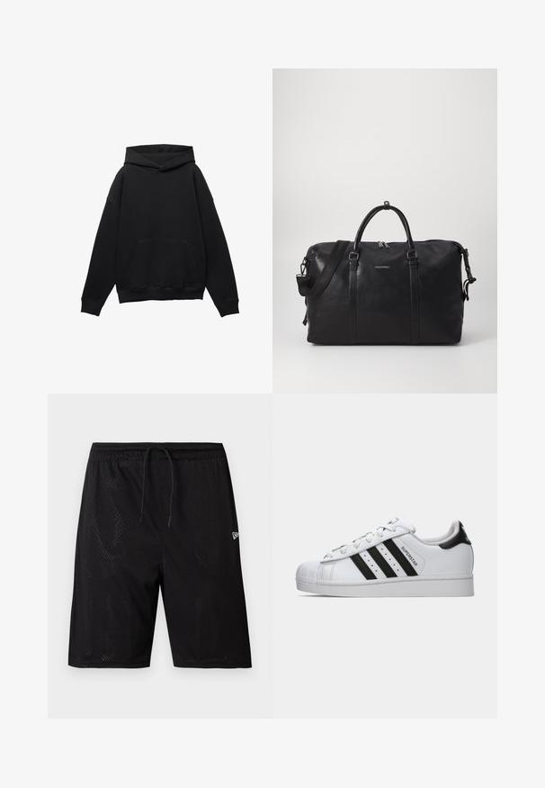 Črna kapuca iz mehkega materiala z sprednjim žepom, prevelikim krojem in kapuco z vrvico. Ima rebraste manšete in rob.; Črne športne kratke hlače iz mrežaste tkanine z vrvico za prilagajanje pasu, z perforirano teksturo in majhnim belim logotipom na spodnjem desnem delu.; Belo Adidas Superstar čevljek z črnimi črtami, zaščitnim konicami in napisom "Superstar" na strani, prikazan v levem profilu na belem ozadju.; Črn usnjen potovalni kovček z dvema ročajema, odstranljivo naramnico, zadrgo in diskretnim logotipom. Gladka tekstura in minimalistična zasnova.