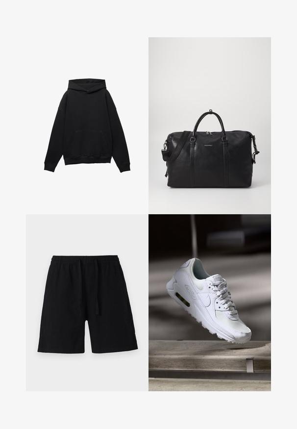 Hanorac negru dintr-un material moale, cu un buzunar frontal, siluetă oversized și glugă cu șnur. Include manșete și tiv ribbate.; Pantaloni scurți negri dintr-un material ușor, cu talie elastică și șnur. Prezintă o croială lejeră și nu au buzunare vizibile.; Adidașii Nike Air Max 90 albi, având un superior din plasă și piele, cutie pentru degete perforată și o unitate de aer vizibilă în călcâie.; Geantă de voiaj din piele neagră, cu mânere duale, curea detașabilă, închidere cu fermoar și logo subtil. Textură netedă și design minimalist.