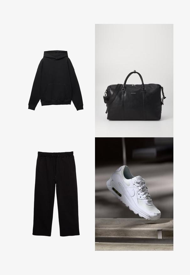 Fekete kapucnis hoodie, puha anyagból készült, elülső zsebbel, oversized sziluettel és húzózsinóros kapucnival. Bordás mandzsetta és szegély jellemzi.; Fekete melegítőnadrág puha anyagból, rugalmas derékkal és zsinórral, két oldalzsebbel és laza szabással.; Fehér Nike Air Max 90 sneaker, amely hálós és bőr felsőrésszel, perforált orr-résszel és látható légpárnás egységgel rendelkezik a saroknál.; Fekete bőr sporttáska dupla fogantyúval, levehető pánttal, cipzáros záródással és diszkrét logóval. Simább textúra és minimalista design.