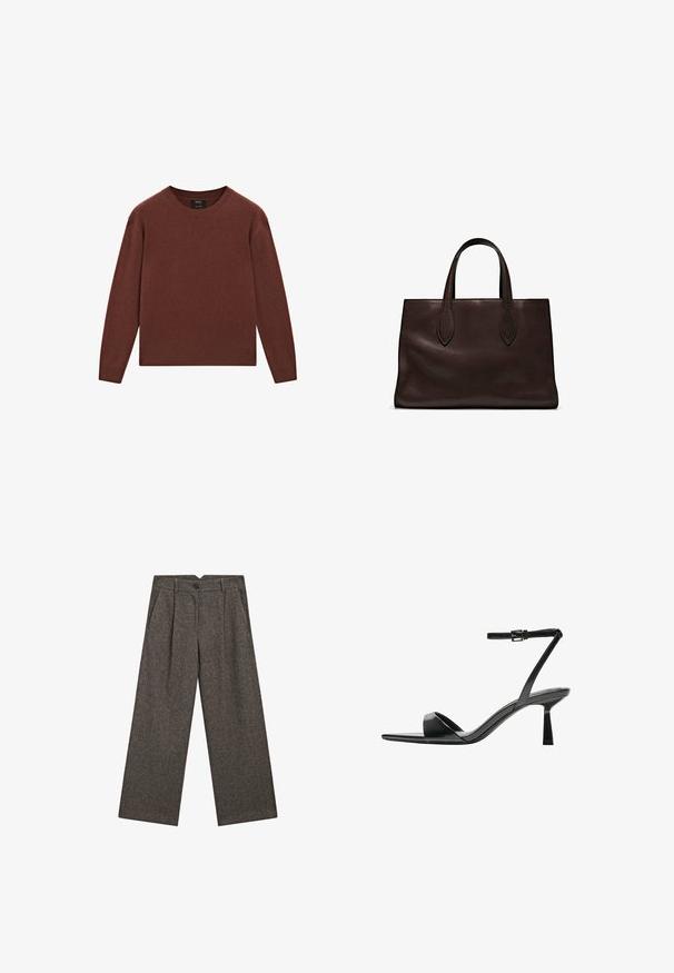 Brauner Wollpullover mit rundem Halsausschnitt, langen Ärmeln, gerippten Bündchen und Saum sowie einer weichen Textur. Es sind keine Muster oder Verzierungen vorhanden.; Weit geschnittene, hoch taillierte, dunkelgraue Wollhose mit vorderen Falten, seitlichen Taschen, Gürtelschlaufen und einem schwarzen Knopfverschluss.; Bershka High Heel Sandalette - black; Braune Ledertasche mit zwei langen Griffen, strukturierte rechteckige Form, glatte Textur und dezente Nähdetails.