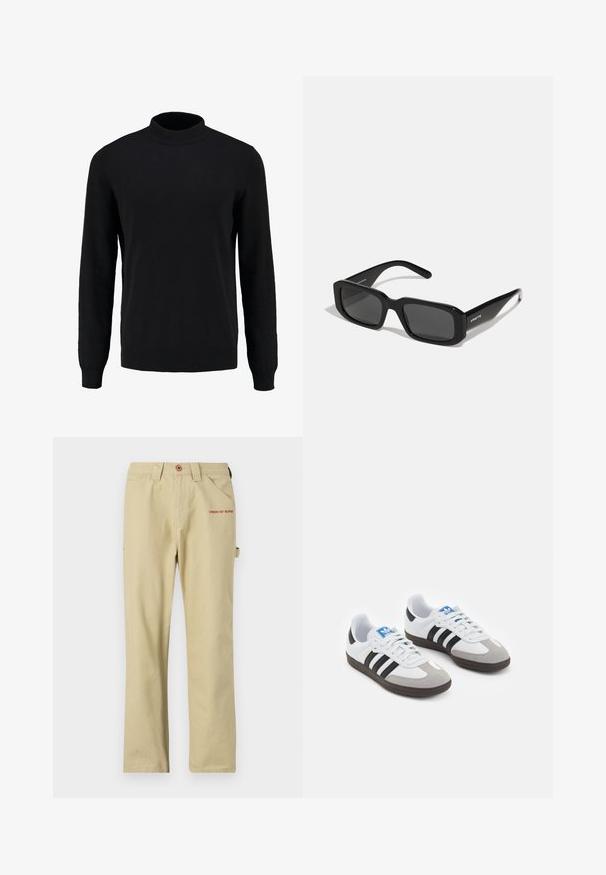 Musthave mustristiga kõrge kaelusega must sõlmiga sviiter, millel on pikad varrukad ja soonikuttid, sile tekstuur ja klassikaline siluett.; Bežid kummist püksid sirge säärega, ees punane logo, ees olevad taskud ja külgloop aksessuaaride jaoks.; Spordijalatsid valge nahkpealsega, halli nubuk-naha otsaga ja kolme musta triibuga. Omab sinist logo keele peal ja struktureeritud kummitalda.; Arnette THEKIDD UNISEX - Päikeseprillid - black