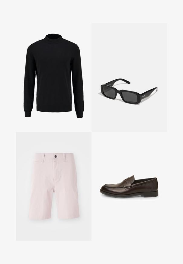 Černý pletený svetr s vysokým límcem, dlouhými rukávy a žebrovanými manžetami a spodním okrajem, s hladkou texturou a klasickým střihem.; Světlé růžové kraťasy vyrobené z bavlny, s plochým předním dílem, poutky na pásek, jedním knoflíkem na zapínání a bočními kapsami. Hladká struktura.; Hnědé kožené mokasíny se hladkým povrchem, zaoblenou špičkou a detailem šití. Mají nízký vrstvený podpatek a design na obutí.; Arnette THEKIDD UNISEX - Sluneční brýle - black; Hodinky Timex s bílým ciferníkem, černými arabskými číslicemi a pouzdrem ve zlatém tónu. Mají hnědý kožený řemínek s krokodýlím vzorem a okénko pro datum.