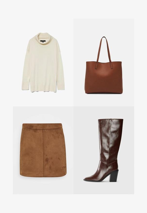 Kremasti pulover s kapuljačom, dugim rukavima, rebrastom teksturom i opuštenim krojem. Mekani materijal s jednostavnim dizajnom i bez vidljivih metalnih detalja.; Smeđa antilop mini suknja s glatkom teksturom, ravnog kroja i bezšivim pojasom, koja se odlikuje minimalističkim dizajnom bez uzoraka ili ukrasa.; Visok tamno smeđi kožni čizm sa šiljastim vrhom i blok petom, prikazan s boka na jednostavnoj pozadini.; Smeđa kožna torba preko ramena s glatkom teksturom, otvorenim vrhom i dvjema naramenicama. Ima minimalne šavove i nema vidljivog hardvera.