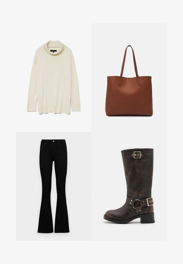 Pull en crème à col drapé avec des manches longues, texture côtelée et coupe décontractée. Matériau doux avec un design uni et sans éléments métalliques visibles.; Jean noir taille haute avec fermeture à bouton et à zip, poches avant et jambes évasées, posés à plat sur un fond blanc.; Steve Madden BEAU - Bottes de cowboy / motard - brown; Sac fourre-tout en cuir marron avec une texture lisse, design à ouverture supérieure et deux poignées pour le porter à l'épaule. Présente des coutures minimales et aucun matériel visible.