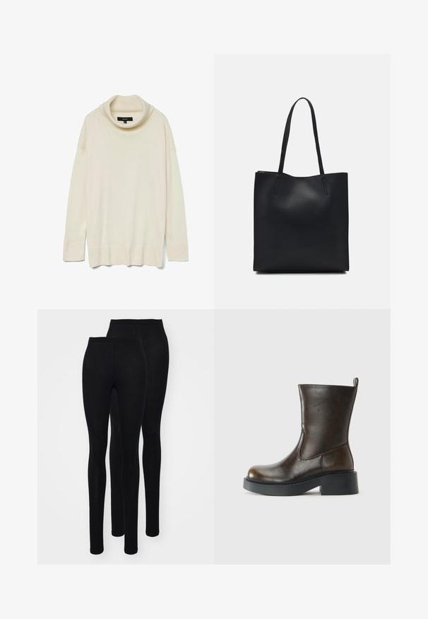 Krema pulover z ovratnikom na vrhu, dolgimi rokavi, rebrasto teksturo in sproščenim krojem. Mehak material s preprostim dizajnom in brez vidne kovinske opreme.; Črne legice iz gladkega, raztegljivega materiala z visokim pasom. Imajo pritrjeno silhueto in dolžino do gležnjem. Prikazani sta dve pari.; Temno rjave usnjene čevlje do sredine meč z zaobljenim nosom, debelim črnim podplatom, nizkim blokastim petam in zanko za pomoč pri obuvanju na zadnji strani.; Črna usnjena torba s svilnato teksturo, pravokotne oblike in dvema dolgima ročajema. Brez vidnih metalnih delov ali okrasnih elementov.