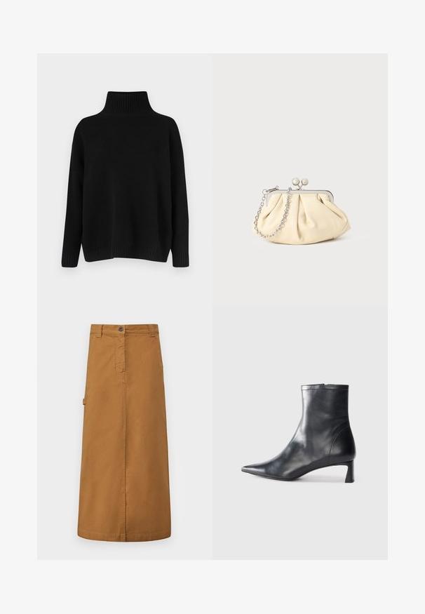 Black knitted sweater with a high ribbed collar, dropped shoulders, and a relaxed fit. Features ribbed cuffs and hem for texture.; Brown cotton midi skirt with a front button closure, belt loops, and side pockets. Smooth texture and straight cut design.; Black leather ankle boot with a pointed toe and a sleek design. Features a low heel and a zipper closure at the back. Smooth texture.; Pleated beige leather clutch with a silver metal frame, featuring two round decorative clasps and a silver chain strap.