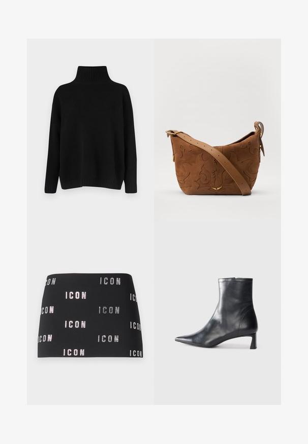 Pull noir en maille avec un col montant côtelé, des épaules tombantes et une coupe décontractée. Comprend des poignets et un ourlet côtelés pour la texture.; Mini-jupe noire avec un texte "ICON" scintillant en motif répétitif sur le tissu, texture lisse et design ajusté.; Bottine en cuir noir avec un bout pointu et un design épuré. Présente un petit talon et une fermeture éclair à l'arrière. Texture lisse.; Sac à épaule en suede marron avec un motif floral en relief, complété par une bandoulière en cuir marron lisse et des accents en métal doré.
