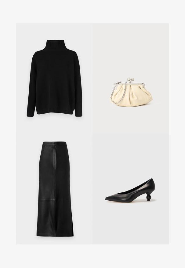 Schwarzer Strickpullover mit hohem, geripptem Kragen, herabgesetzten Schultern und lockerer Passform. Verfügt über gerippte Bündchen und Saum für zusätzliche Textur.; Schwarzer Lederrock mit gerader Silhouette, ausgestattet mit einer Rückenschlitz, glatter Textur und sichtbaren Nahtdetails.; Schwarze Leder-Pumps mit spitzem Zehenbereich und runder, ballförmiger Ferse. Glatte Textur mit einem eleganten, minimalistischen Design.; Faltige beigefarbene Ledertasche mit einem silbernen Metallrahmen, ausgestattet mit zwei runden dekorativen Verschlüssen und einem silbernen Kettenriemen.