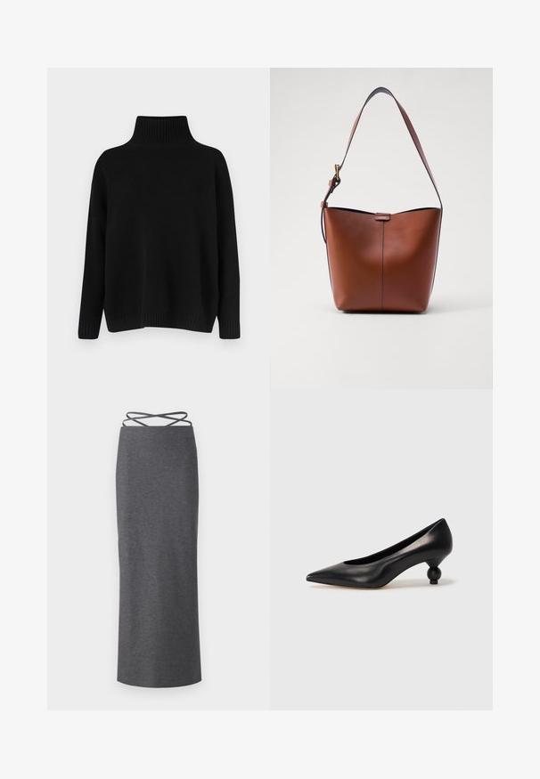 Mustast riidest kudumiga kampsun, millel on kõrge soonikuga krae, allapoole langetatud õlad ja lõdvestunud lõige. Omadusena soonikuga mansetid ja alumine ääreosa, mis lisavad tekstuuri.; Halli midi seelik pehmest ja venivast kangast. Omab sirget siluetti ning vööl ristuvad rihmad kindla istuvuse tagamiseks.; Must musta kõrge kontsaga king, millel on terav nina ja ümar, pallikujuline konts. Sile pind ja elegantne, minimalistlik disain.; Pruun nahast õlakott, millel on kaarjas kuju, sile tekstuur ja üks õhuke rihm. Omab peent õmblust ja väikest logo detaili.