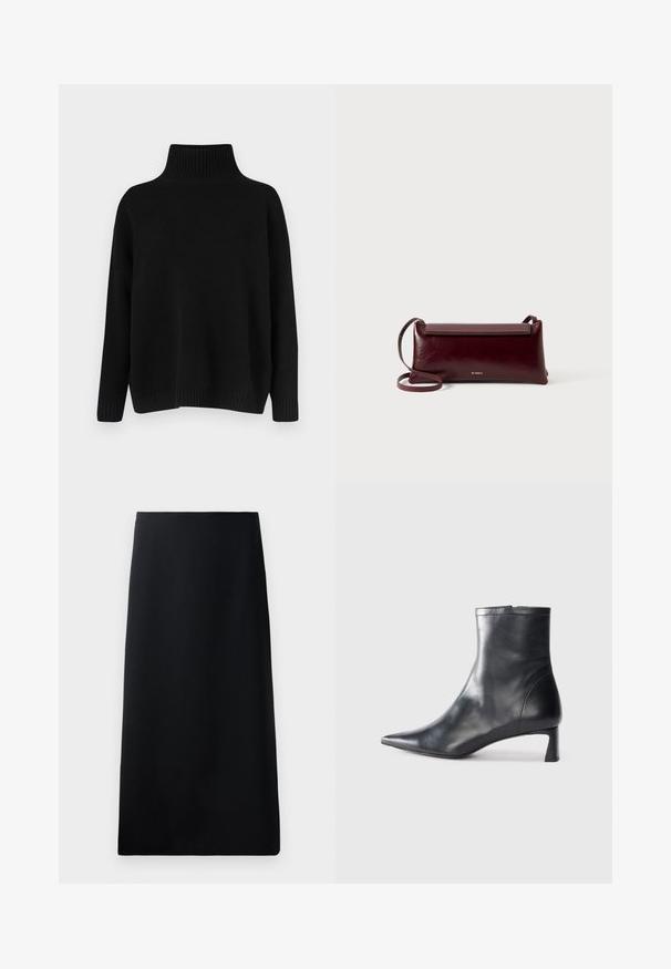 Camisola preta de malha com gola alta canelada, ombros caídos e corte solto. Apresenta punhos e bainha canelados para dar textura.; Saia midi preta feita de tecido suave, com uma silhueta estruturada com um formato reto e sem padrões ou adornos visíveis.; Bota de tornozelo em pele preta com biqueira apontada e um design elegante. Apresenta um salto baixo e um fecho com zipper na parte de trás. Textura suave.; Bolsa crossbody de couro bordô com uma textura suave, forma retangular, fecho de aba e uma alça fina ajustável. Detalhe do logotipo dourado visível.