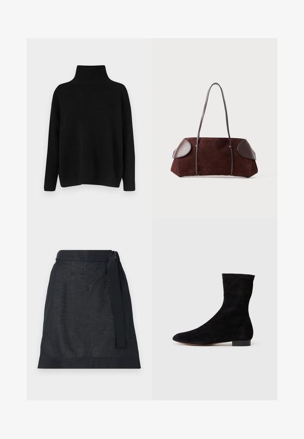 Crni pleteni džemper s visokim rebrastim ovratnikom, spuštenim ramenima i opuštenim krojem. Ima rebraste manžete i rub radi teksture.; Tamna lanena suknja s ravnim krojem, koja ima remen oko struka i suptilnu teksturu. Bez vidljivih uzoraka ili dodataka.; Crne nubuk čizme do gležnjeva s uskim okvirem, špicastim vrhom i niskom bloknom petom. Glatka tekstura i minimalistički dizajn, pogodne za svestrano stiliziranje.; Smeđi luksuzni ručni rad s kožnim detaljima, strukturiranog oblika, s dvostrukim remenjem za rame i zaobljenim rubovima, s glatkom teksturom i minimalnim hardverom.