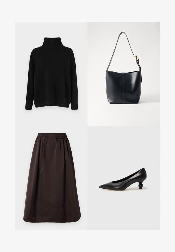 Mustast riidest kudumiga kampsun, millel on kõrge soonikuga krae, allapoole langetatud õlad ja lõdvestunud lõige. Omadusena soonikuga mansetid ja alumine ääreosa, mis lisavad tekstuuri.; Pruna midi-pikkusega seelik, millel on elastne vöökoht ja lai ääredetail, valmistatud siledast kangast koos peente kortsudega vöökoha all.; Must musta kõrge kontsaga king, millel on terav nina ja ümar, pallikujuline konts. Sile pind ja elegantne, minimalistlik disain.; Mustast nahast õla kott, millel on sile tekstuur, õhuke pikk rihm ja diskreetne õmblusdetail keskosas.