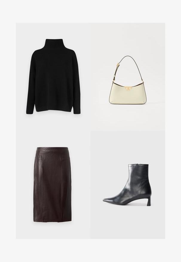 Pull noir en maille avec un col montant côtelé, des épaules tombantes et une coupe décontractée. Comprend des poignets et un ourlet côtelés pour la texture.; Jupe crayon en cuir marron avec une texture lisse, dotée d'une taille haute, de deux poches avant et d'une coupe au niveau du genou.; Bottine en cuir noir avec un bout pointu et un design épuré. Présente un petit talon et une fermeture éclair à l'arrière. Texture lisse.; Sac à main en cuir de couleur crème avec une forme arrondie. Doté d'un accent logo doré et d'une fine bandoulière sombre et réglable.