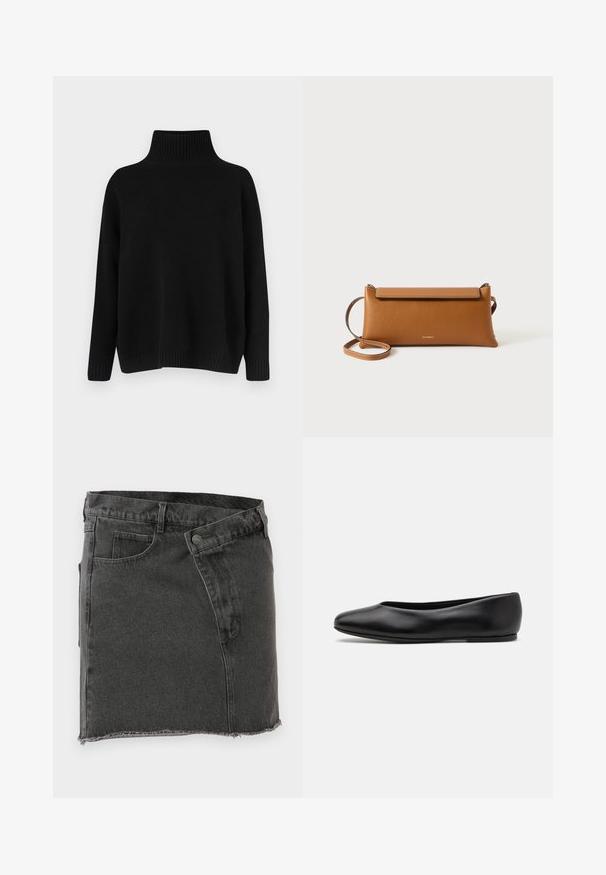 Camisola preta de malha com gola alta canelada, ombros caídos e corte solto. Apresenta punhos e bainha canelados para dar textura.; Saias mini de ganga preta com bolsos frontais, passantes para cinto, fecho de botão e detalhes de bainha desfiada.; Paul Smith TOPANGA - Sabrinas - black; Pasta de mão em couro castanho, formato retangular, superfície texturizada, alça destacável, fecho de correr, logotipo subtil embutido na parte da frente.