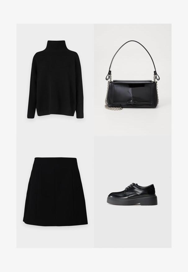Fekete kötött pulóver magas bordázott gallérral, alacsony vállvonallal és laza szabással. Bordázott mandzsettákkal és szegéllyel rendelkezik a textúra érdekében.; Fekete miniszoknya struktúrált siluettel, elülső varrással és oldalsó zsebekkel, sima, könnyű anyagból készült.; Fekete bőrcipők lekerekített orral, vastag talpal és díszes fűződíszítéssel. Sima felület és kontrasztos varrások láthatók.; Fekete lakkbőr kézitáska téglalap alakú, láncos vállpánttal és középen egy jellegzetes fém díszítéssel. Simaszerkezet.