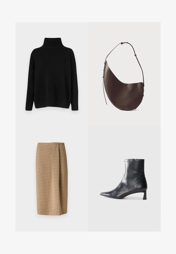 Black knitted sweater with a high ribbed collar, dropped shoulders, and a relaxed fit. Features ribbed cuffs and hem for texture.; Weekend Max Mara DEBORAH - Pencil skirt - cammello; Black leather ankle boot with a pointed toe and a sleek design. Features a low heel and a zipper closure at the back. Smooth texture.; Brown leather handbag with a curved shape, single strap, and minimalistic design. Features a subtle logo and gold hardware accents.