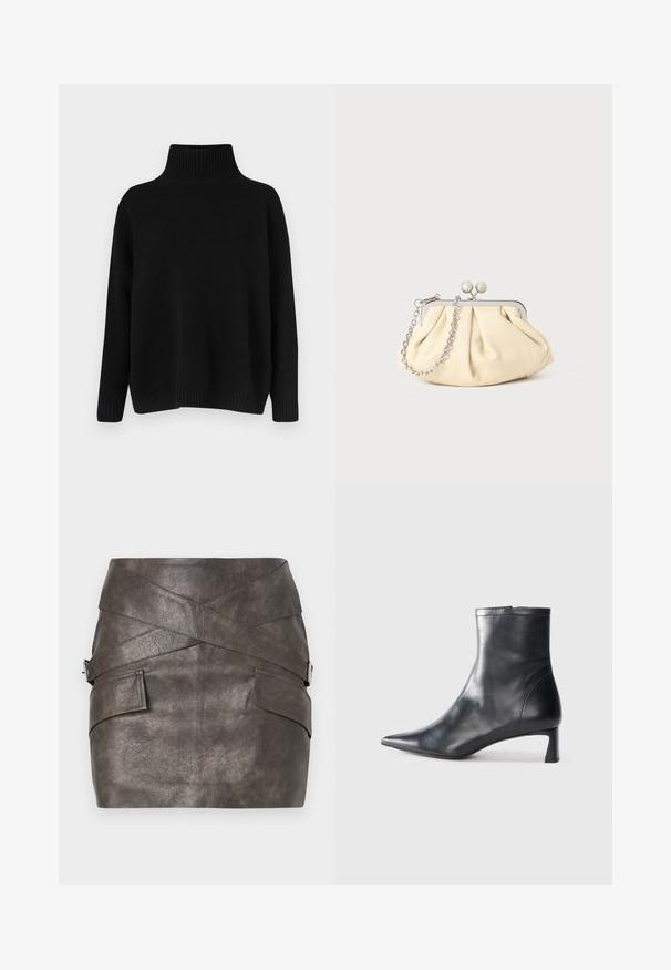 Černý pletený svetr s vysokým žebrovaným límcem, spadlými rameny a volnějším střihem. Má žebrované manžety a lem pro texturu.; Tmavě šedá mini sukně z umělé kůže s asymetrickým designem, která má zkřížené detaily a boční kapsy s kovovým akcentem.; Černé kožené kotníkové boty s špičatou špičkou a elegantním designem. Mají nízký podpatek a zipové zapínání na zadní straně. Hladká textura.; Plisovaná béžová kožená kabelka na psaní s rámem ze stříbrného kovu, vybavená dvěma kulatými dekorativními uzávěry a stříbrným řetízkem.