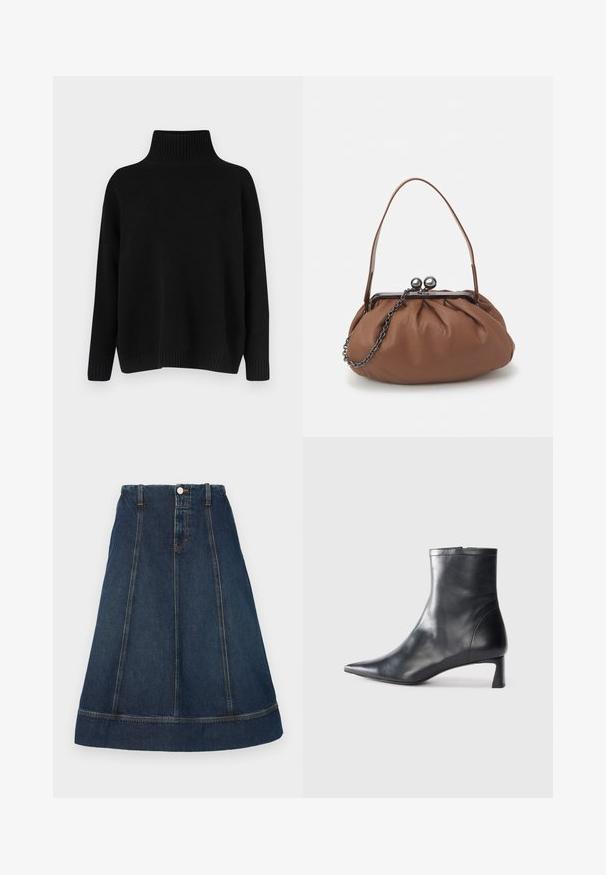 Melnā trikotāžas džemperis ar augstu ribu apkakli, nolaistām plecu līnijām un vaļīgu piegriezumu. Ar rievotām aprocēm un apakšu tekstūras radīšanai.; Tumši zila džinsu A-līnijas svārki ar pogu jostu, pieciem jostu cilpiņām un kontrastējošu izšuvumu. Ceļgala garuma ar apdari.; Melnas ādas potītes zābaki ar norādītu pirkstu un elegantu dizainu. Iezīmē zemu papēdi un rāvējslēdzēja aizdari aizmugurē. Gluda tekstūra.; Brūns ādas rokassomu ar salocītu dizainu, īsu ādas rokturi un ķēdes siksnu. Tam ir sudraba metāla sprādze ar diviem apaļiem akcentiem.
