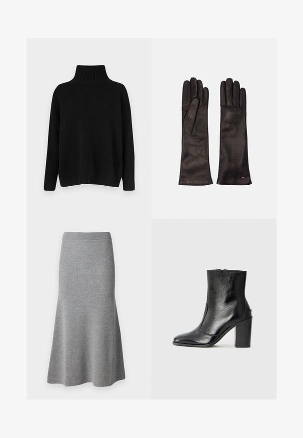 Black knitted sweater with a high ribbed collar, dropped shoulders, and a relaxed fit. Features ribbed cuffs and hem for texture.; Gray knit midi skirt with a flared silhouette, featuring a ribbed texture and an elastic waistband for comfort.; Black leather ankle boot with a smooth texture, pointed toe, and a chunky high heel. Features a side opening and minimalistic design.; WEEKEND MaxMara SENAPE - Gloves - nero