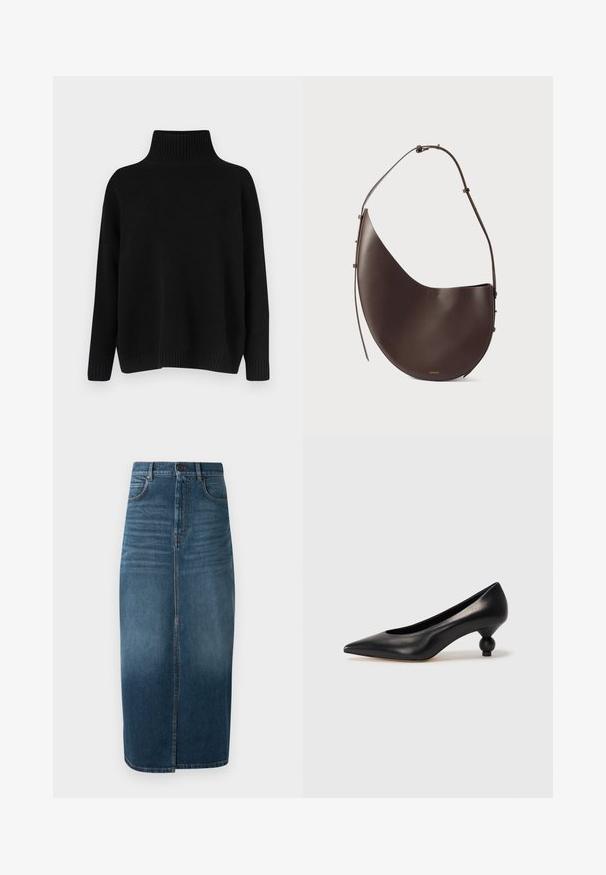 Zwarte gebreide trui met een hoge, geribbelde kraag, verlaagde schouders en een ontspannen pasvorm. Voorzien van geribbelde manchetten en zoom voor textuur.; Denim midi-rok in donker indigo, met een voorkeursplit en een lichte vervaging. Klassiek vijf-pocket ontwerp met metalen knoopsluiting.; Zwarte leren hoge hak schoen met een spitse neus en een ronde, bolle hak. Gladde textuur met een elegant, minimalistisch ontwerp.; Bruine leren handtas met een gebogen vorm, enkele schouderband en minimalistisch ontwerp. Heeft een subtiel logo en gouden hardware accenten.