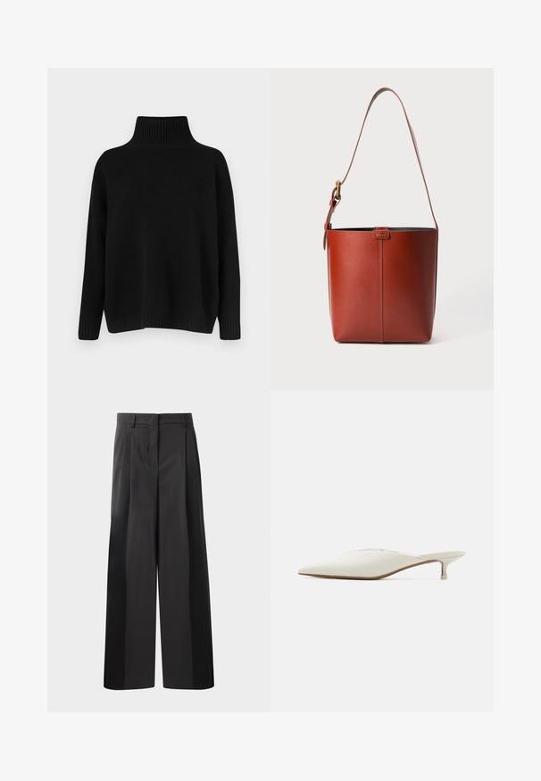 Maglione nero lavorato a maglia con collo alto a coste, spalle scese e vestibilità morbida. Presenta polsini e orlo a coste per una texture particolare.; Pantaloni neri a gamba larga con vita alta, caratterizzati da pieghe frontali, una texture liscia e una finitura sartoriale. Progettati per un fit rilassato.; Mule con punta affusolata in tessuto bianco sporco. Presenta un tacco basso e un delicato dettaglio di cucitura lungo la parte superiore. Texture liscia, design minimal.; Borsa a secchiello in pelle marrone con tracolla regolabile e fibbia dorata, semplice dettaglio di cucitura verticale sul davanti.