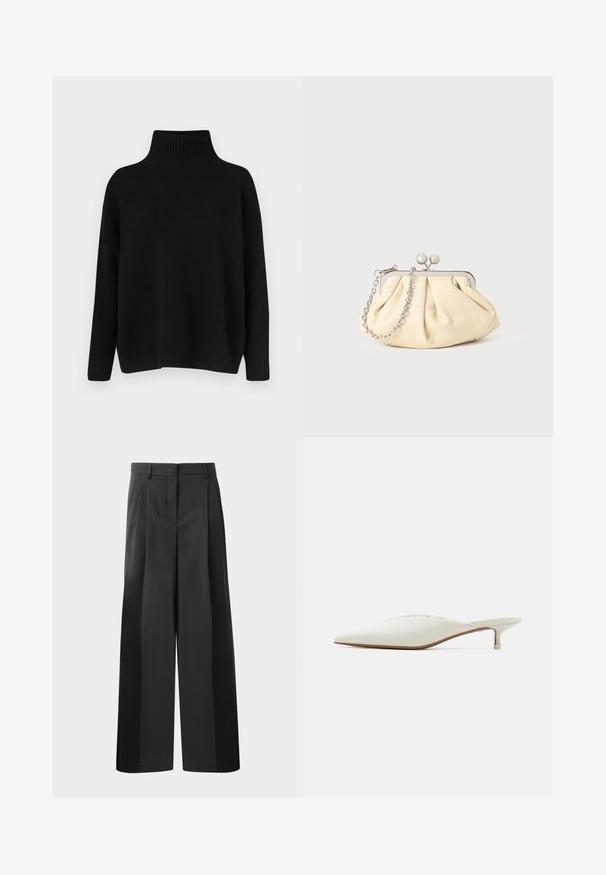 Czarny dziergany sweter z wysokim prążkowanym kołnierzem, opuszczonymi ramionami i luźnym krojem. Posiada prążkowane mankiety i dół dla tekstury.; Czarne szerokie spodnie z wysokim stanem, z przodu z fałdami, o gładkiej fakturze i dopasowanym wykończeniu. Zaprojektowane z myślą o luźnym kroju.; Czółenka z noskiem w szpic w odcieniu off-white. Posiadają niską obcas i delikatne przeszycia na cholewce. Gładka tekstura, minimalistyczny design.; Złożona beżowa skórzana kopertówka z srebrną metalową ramą, z dwoma okrągłymi dekoracyjnymi zapięciami i srebrnym łańcuszkiem.