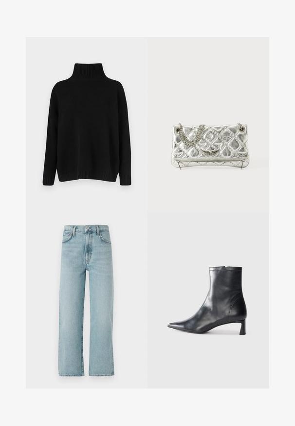 Camisola preta de malha com gola alta canelada, ombros caídos e corte solto. Apresenta punhos e bainha canelados para dar textura.; Jeans de perna reta azul claro feitos de denim, apresentando uma cintura alta, um fecho de botão na frente e desgaste subtil no tecido.; Bota de tornozelo em pele preta com biqueira apontada e um design elegante. Apresenta um salto baixo e um fecho com zipper na parte de trás. Textura suave.; Bolsa metálica prateada com pega de corrente, textura acolchoada, costura decorativa e fecho com ziper. Apresenta detalhes em relevo na parte frontal.