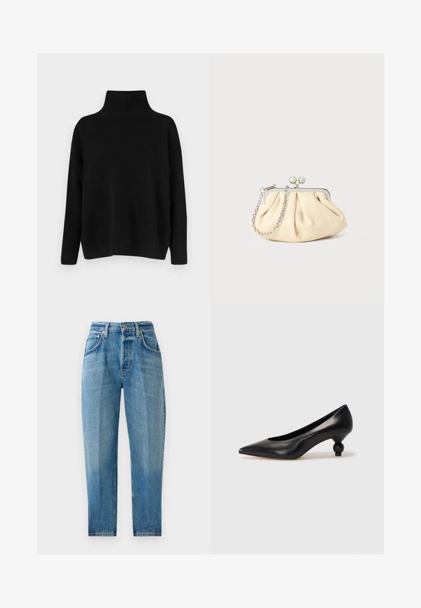 Juodas megztinis megztas, su aukštu ribuotu apykakliu, nuleistais pečiais ir laisvo silueto. Turi ribotas rankogalius ir apačią, suteikiančias tekstūros.; Šviesiai mėlyni džinsai, tiesaus kirpimo, penkių kišenių dizainas, nudegintas skalbimas, užtrauktukas su mygtuko uždarymu, matomi siuvimo detalės.; Juoda odinė aukštakulnė bateliai su smailiu pirštu ir apvaliu, iškiliu kulnu. Lygus paviršius su elegantišku, minimalistiniu dizainu.; Plyšiniai smėlio spalvos odiniai rankinukai su sidabriniu metaliniu rėmu, turintys du apvalius dekoratyvinius užtrauktukus ir sidabrinę grandinėlę.