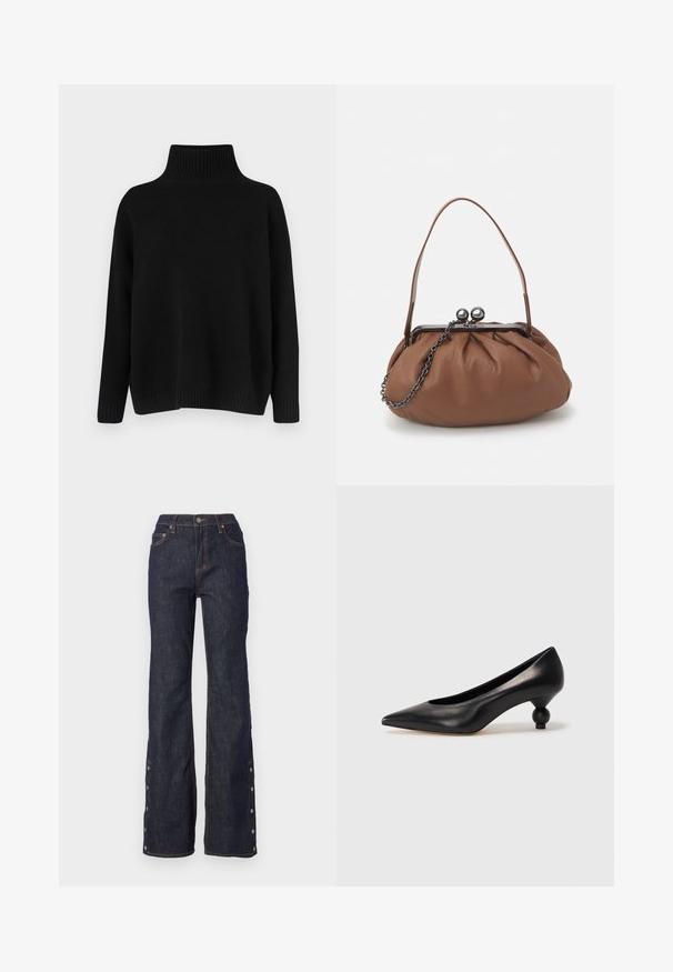 Black knitted sweater with a high ribbed collar, dropped shoulders, and a relaxed fit. Features ribbed cuffs and hem for texture.; Dark denim jeans with a high waist, flared legs, contrasting orange stitching, and side buttons along the hem for adjustable fit.; Black leather high heel shoe with a pointed toe and a round, balled heel. Smooth texture with a sleek, minimal design.; Brown leather handbag with a gathered design, a short leather handle, and a chain strap. Features a silver metal clasp with two round accents.