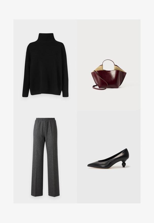 Schwarzer Strickpullover mit hohem, geripptem Kragen, herabgesetzten Schultern und lockerer Passform. Verfügt über gerippte Bündchen und Saum für zusätzliche Textur.; Graue, strukturierte weite Hosen mit einem elastischen Bund, die ein dezentes Fischgrätenmuster zeigen. Aus weichem Stoff mit einem lockeren Schnitt.; Schwarze Leder-Pumps mit spitzem Zehenbereich und runder, ballförmiger Ferse. Glatte Textur mit einem eleganten, minimalistischen Design.; Burgunderfarbene Lederhandtasche mit strukturierter Form, ausgestattet mit einem kurzen Griff, einem langen Schulterriemen und einem kontrastierenden beigen Innenraum.