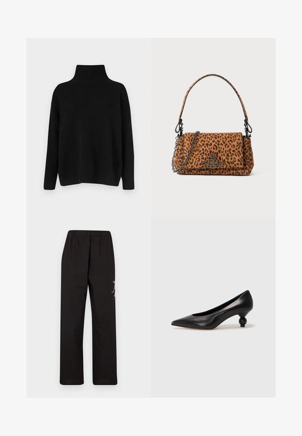Black knitted sweater with a high ribbed collar, dropped shoulders, and a relaxed fit. Features ribbed cuffs and hem for texture.; Black, wide-leg trousers with an elastic waistband. Features a contrasting silver embroidery detail on the side. Made from lightweight fabric.; Black leather high heel shoe with a pointed toe and a round, balled heel. Smooth texture with a sleek, minimal design.; Leopard print handbag made of suede with a short handle, a chain strap, and a black hardware clasp. Rectangular shape with a flap closure.