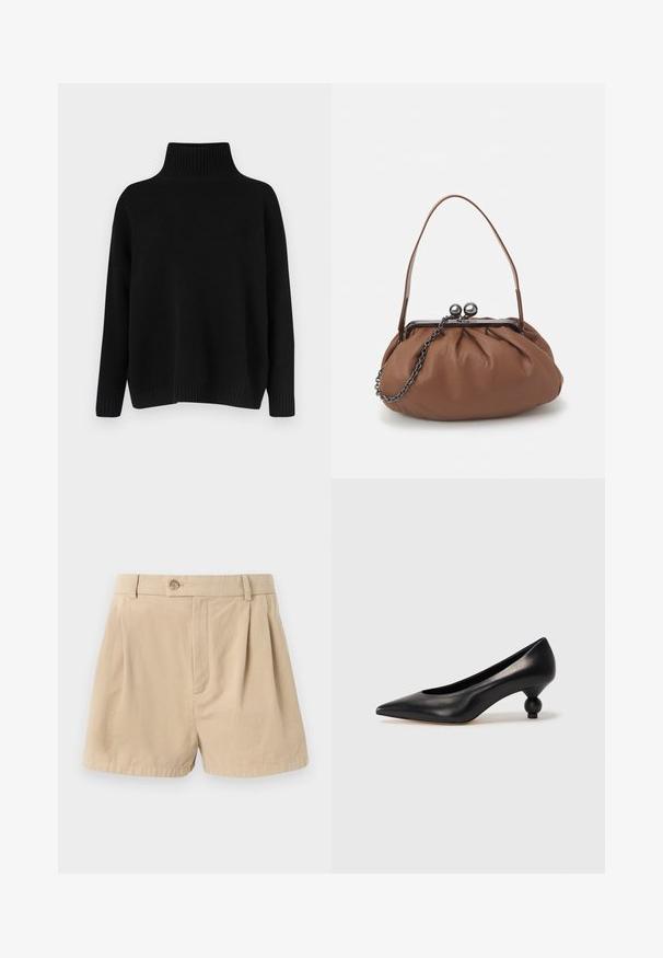 Maglione nero lavorato a maglia con collo alto a coste, spalle scese e vestibilità morbida. Presenta polsini e orlo a coste per una texture particolare.; Filippa K HIGH WAIST PLEATED - Shorts - beige; Scarpa con tacco alto in pelle nera, con punta affilata e tacco arrotondato e bombato. Texture liscia con un design elegante e minimalista.; Borsa a tracolla in pelle marrone con un design arricciato, manico corto in pelle e tracolla a catena. Presenta una chiusura in metallo argentato con due accenti rotondi.