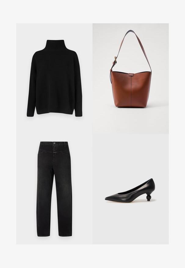 Black knitted sweater with a high ribbed collar, dropped shoulders, and a relaxed fit. Features ribbed cuffs and hem for texture.; Black jeans made of denim, featuring a straight leg design, five-pocket style, and a simple button and zipper closure.; Black leather high heel shoe with a pointed toe and a round, balled heel. Smooth texture with a sleek, minimal design.; Brown leather shoulder bag with a curved shape, smooth texture, and a single thin strap. Features a subtle seam and a small logo detail.