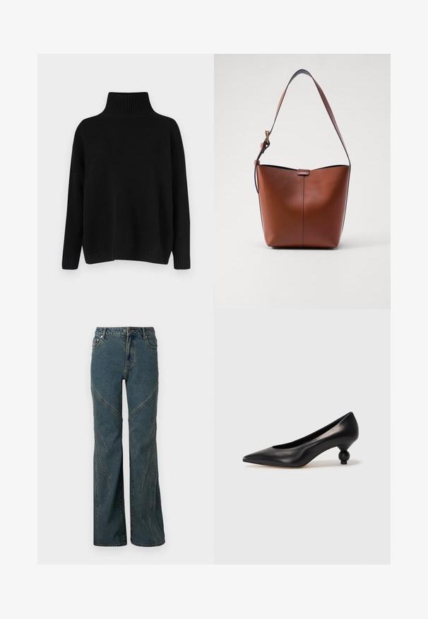 Black knitted sweater with a high ribbed collar, dropped shoulders, and a relaxed fit. Features ribbed cuffs and hem for texture.; Blue denim jeans with a wide-leg design, featuring curved seam details and standard five-pocket styling. Unfinished hem at the bottom.; Black leather high heel shoe with a pointed toe and a round, balled heel. Smooth texture with a sleek, minimal design.; Brown leather shoulder bag with a curved shape, smooth texture, and a single thin strap. Features a subtle seam and a small logo detail.