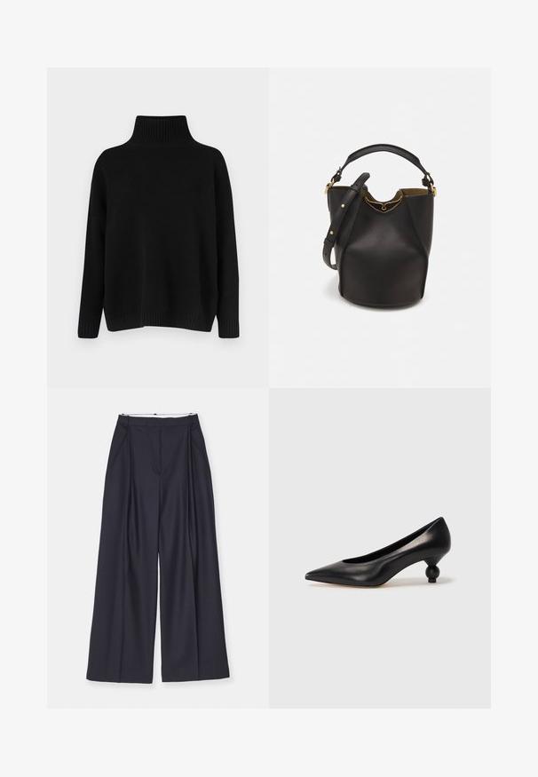 Schwarzer Strickpullover mit hohem, geripptem Kragen, herabgesetzten Schultern und lockerer Passform. Verfügt über gerippte Bündchen und Saum für zusätzliche Textur.; Victoria Beckham WIDE LEG TROUSER - Stoffhose - midnight; Schwarze Leder-Pumps mit spitzem Zehenbereich und runder, ballförmiger Ferse. Glatte Textur mit einem eleganten, minimalistischen Design.; Schwarze Leder-Eimerhandtasche mit strukturierter Oberfläche, goldenen Hardware-Akzenten und offenem Design. Verfügt über einen kurzen Griff und einen verstellbaren Schultergurt.