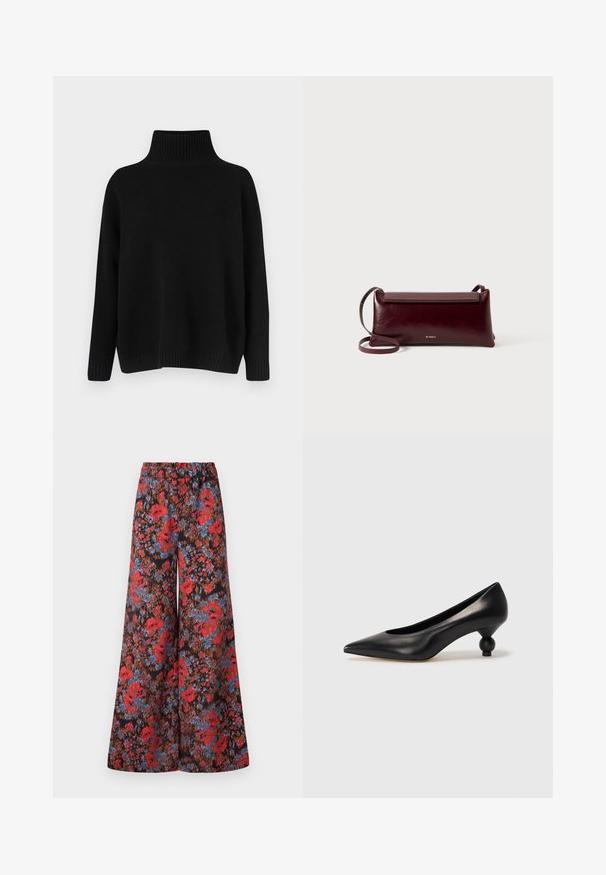 Melnā trikotāžas džemperis ar augstu ribu apkakli, nolaistām plecu līnijām un vaļīgu piegriezumu. Ar rievotām aprocēm un apakšu tekstūras radīšanai.; Plašas bikses, kas izgatavotas no melna auduma ar dzīvīgu ziedu rakstu sarkanā un zilā krāsā, ar elastīgu jostasvietu ērtībai.; Melnas ādas augstpapēžu kurpes ar smailu purngalu un apaļu papēdi. Gluda tekstūra ar elegantu, minimālistisku dizainu.; Burgundijas krāsas ādas pleca soma ar gludu tekstūru, taisnstūra formu, vāciņa aizdari un plānu regulējamu siksnu. Redzams zelta logo elements.