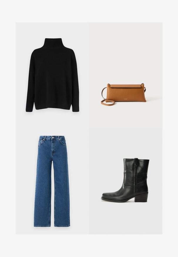 Črni pleteni pulover z visokim rebrastim ovratnikom, spuščenimi rameni in sproščenim krojem. Ima rebraste manšete in spodnji rob za dodatno teksturo.; Modre hlače z visokim pasom in širokimi nogavicami, z zapiranjem na gumb in zadrgo spredaj, sprednjimi žepi in zankami za pas na belem ozadju.; Črne usnjene gležnjarje z zaobljenim nosom, blok peto, stransko zadrgo in šivanjem na vampu. Gladka tekstura, klasična zasnova.; Rjava usnjena torbica, pravokotne oblike, teksturirana površina, snemljiva zanka, zadrga, diskretno logotip vtisnjen spredaj.