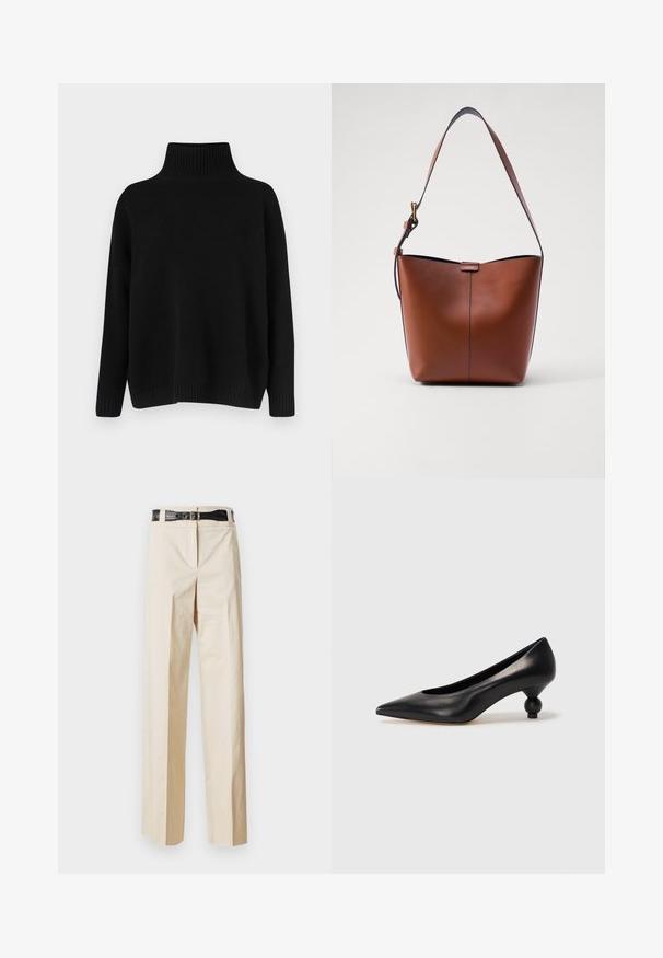 Mustast riidest kudumiga kampsun, millel on kõrge soonikuga krae, allapoole langetatud õlad ja lõdvestunud lõige. Omadusena soonikuga mansetid ja alumine ääreosa, mis lisavad tekstuuri.; Beige laiemate säärtega püksid, millel on sile tekstuur ja must vöö, millel on krokodillimuster vööl. Lihtne disain ilma täiendavate kaunistusteta.; Must musta kõrge kontsaga king, millel on terav nina ja ümar, pallikujuline konts. Sile pind ja elegantne, minimalistlik disain.; Pruun nahast õlakott, millel on kaarjas kuju, sile tekstuur ja üks õhuke rihm. Omab peent õmblust ja väikest logo detaili.