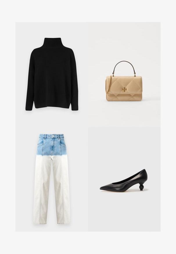 Černý pletený svetr s vysokým žebrovaným límcem, spadlými rameny a volnějším střihem. Má žebrované manžety a lem pro texturu.; Džíny z denimu mají modrou horní polovinu s přechodem do bílé. Vysoký pas, rovný střih a viditelné švy.; Černá kožená vysoká bota na podpatku s špičatou špičkou a kulatým, zaobleným podpatkem. Hladká textura s elegantním, minimalistickým designem.; Prošívaná béžová kožená kabelka se zlatou kovovou bižuterií, řetízkovým popruhem a horní rukojetí. Obsahuje přední klopu a podpisový detail loga.