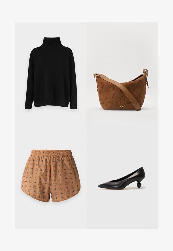 Maglione nero lavorato a maglia con collo alto a coste, spalle scese e vestibilità morbida. Presenta polsini e orlo a coste per una texture particolare.; Pantaloni corti marroni con un motivo a logo su tutta la superficie, realizzati in tessuto leggero e testurizzato, dotati di vita elastica e dettagli in diamante blu scuro.; Scarpa con tacco alto in pelle nera, con punta affilata e tacco arrotondato e bombato. Texture liscia con un design elegante e minimalista.; Borsa a spalla in suede marrone con design floreale impresso, completata da una morbida tracolla in pelle marrone e dettagli in metallo dorato.