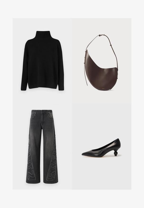 Fekete kötött pulóver magas bordázott gallérral, alacsony vállvonallal és laza szabással. Bordázott mandzsettákkal és szegéllyel rendelkezik a textúra érdekében.; Fekete, bővített szárú farmernadrág, oldalán rojtos hímzett grafikával és hagyományos öt zsebes kialakítással.; Fekete bőr magassarkú cipő, hegyes orral és kerek, gömbölyű sarokkal. Simább textúrával, elegáns, minimalista dizájnnal.; Barna bőr kézitáska ívelt formával, egyszálú pánttal és minimalista dizájnnal. Diszkrét logóval és arany színű fém részekkel rendelkezik.