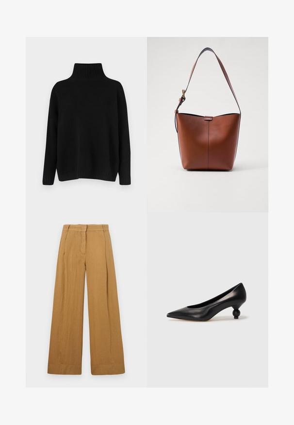 Schwarzer Strickpullover mit hohem, geripptem Kragen, herabgesetzten Schultern und lockerer Passform. Verfügt über gerippte Bündchen und Saum für zusätzliche Textur.; Weite Beinhosen aus einem hellbraunen, leinenähnlichen Stoff, mit flachem Vorderteil, Gürtelschlaufen und subtiler vertikaler Textur.; Schwarze Leder-Pumps mit spitzem Zehenbereich und runder, ballförmiger Ferse. Glatte Textur mit einem eleganten, minimalistischen Design.; Braune Leder-Schultertasche mit geschwungener Form, glatter Textur und einem einzelnen dünnen Trageriemen. Verfügt über eine dezente Naht und ein kleines Logodetail.