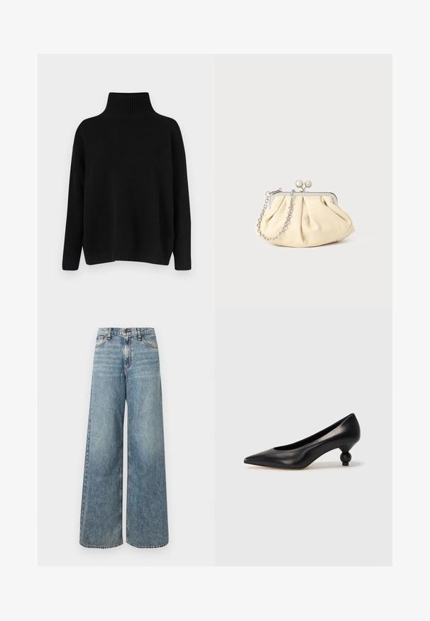 Pull noir en maille avec un col montant côtelé, des épaules tombantes et une coupe décontractée. Comprend des poignets et un ourlet côtelés pour la texture.; Jean large de couleur bleu clair en denim, présentant une taille haute, une texture délavée, un design à cinq poches et des coutures contrastantes.; Chaussure à talon haut en cuir noir avec un bout pointu et un talon arrondi. Texture lisse avec un design épuré et minimal.; Pochette en cuir beige plissé avec un cadre en métal argenté, dotée de deux fermoirs ronds décoratifs et d'une chaîne en argent.