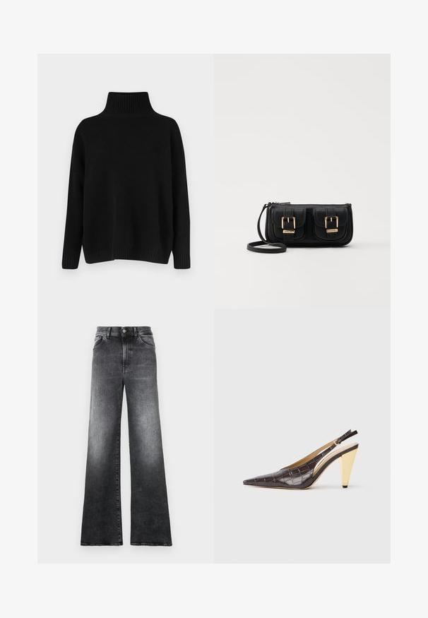 Svart strikket genser med høy ribbestrikket krage, senkede skuldre og en avslappet passform. Har ribbestrikkede mansjetter og kant for tekstur.; Vide benbukser i gradient grå denim, med knaplukning, fem lommer og en falmet struktur.; Spenne-punktet hæl i mørkebrun, blank faux krokodillelær. Har en gullfarge geometrisk hæl og justerbar ankelstropp.; Svart skinn crossbody veske med to frontlommer, gyldne spenner, glidelåslukking og en slank stropp. Teksturert overflate og kompakt rektangulær form.