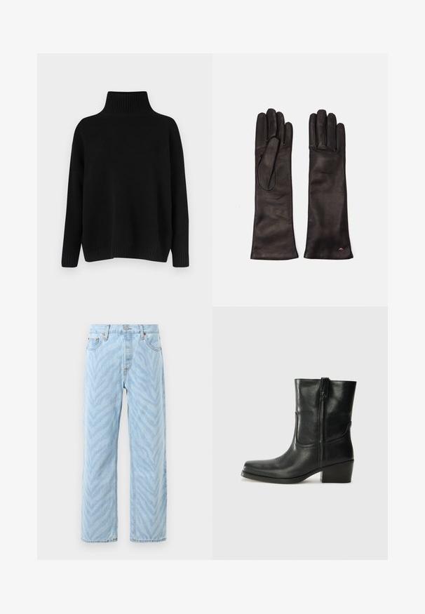 Svart stickad tröja med hög ribbad krage, nedsänkta axlar och en avslappnad passform. Har ribbade muddar och fåll för textur.; Ljusblå rak ben jeans med subtilt zebramönster, knapp- och dragkedjestängning samt femfickorsdesign.; Svart läderankelboot med rund tå, blockklack, sidodragkedja och sömmar på ovandelen. Slät textur, klassisk design.; Weekend Max Mara SENAPE - Fingervantar - nero