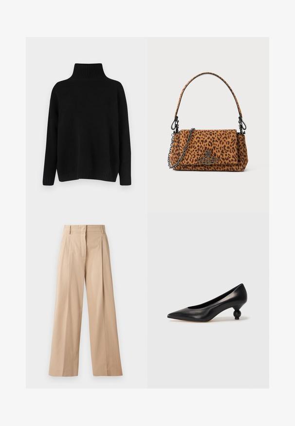 Black knitted sweater with a high ribbed collar, dropped shoulders, and a relaxed fit. Features ribbed cuffs and hem for texture.; Light beige wide-leg pants made of smooth, lightweight fabric. Features pleats at the front, a tailored waistband, and a straight cut.; Black leather high heel shoe with a pointed toe and a round, balled heel. Smooth texture with a sleek, minimal design.; Leopard print handbag made of suede with a short handle, a chain strap, and a black hardware clasp. Rectangular shape with a flap closure.
