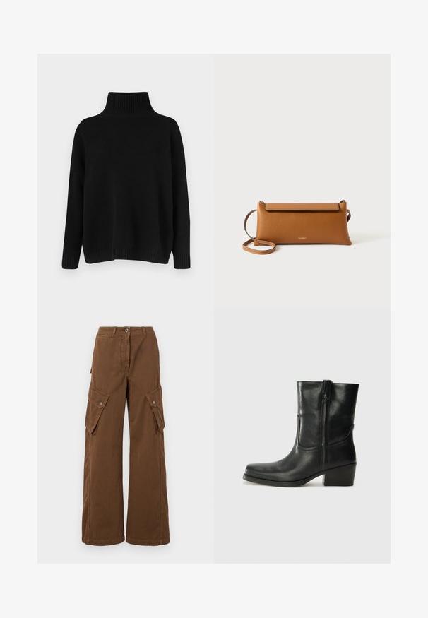 Black knitted sweater with a high ribbed collar, dropped shoulders, and a relaxed fit. Features ribbed cuffs and hem for texture.; Weekend Max Mara LUCY HALE ELVY - Cargo trousers - marrone; Black leather ankle boot with a rounded toe, block heel, side zipper, and stitching accents on the vamp. Smooth texture, classic design.; Brown leather clutch bag, rectangular shape, textured surface, detachable strap, zip closure, subtle logo embossed on front.